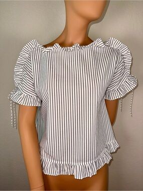Madewell Stripe Ruffle Sleeve Lace-Up Back Top XS White Blue Cotton Blouse